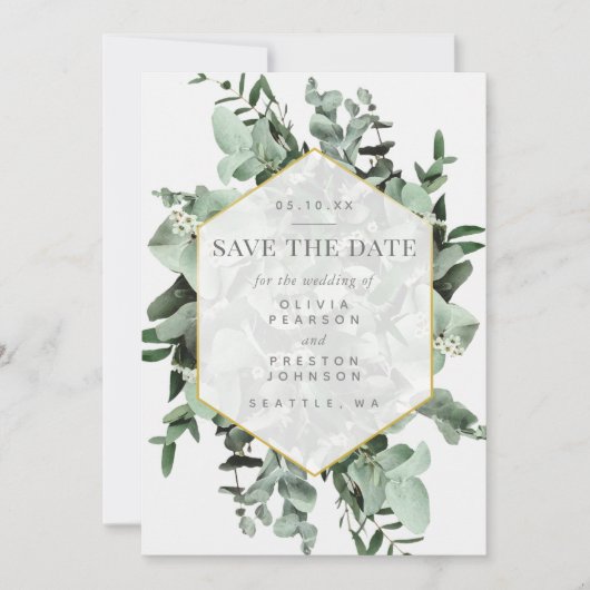 ユーカリと緑の水の色日付を保存 招待状 (正面)