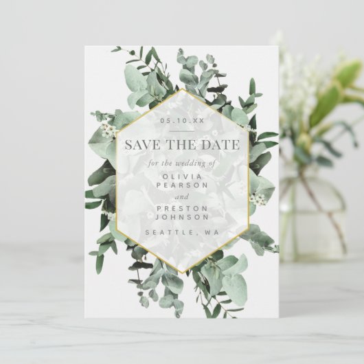 ユーカリと緑の水の色日付を保存 招待状 (スタンド正面)