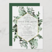 ユーカリと緑の水の色日付を保存 招待状 (正面/裏面)