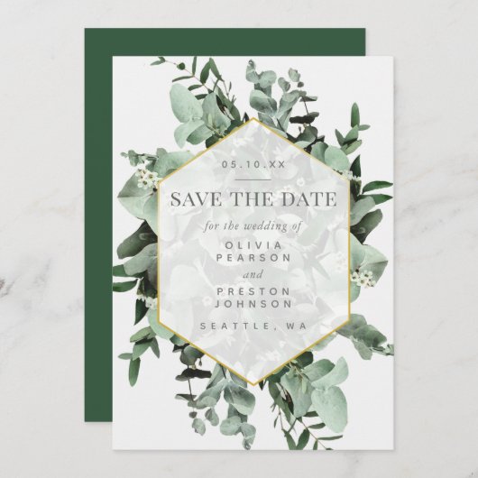ユーカリと緑の水の色日付を保存 招待状 (正面/裏面)