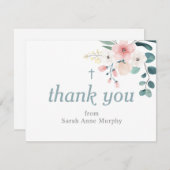 ユーカリと赤面ピンクフラワーバプテスマ サンキューカード (正面/裏面)