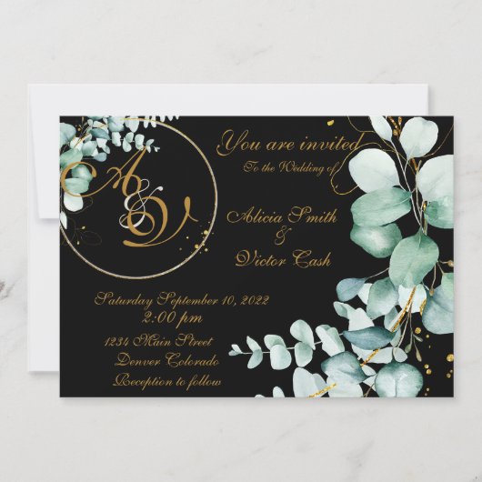 ユーカリと金ゴールドの黒招待 招待状 (正面)