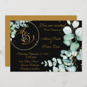 ユーカリと金ゴールドの黒招待 招待状 (正面/裏面)