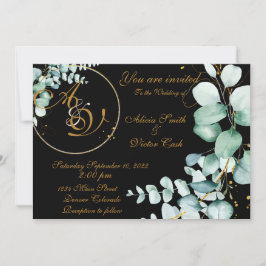 ユーカリと金ゴールドの黒招待 招待状