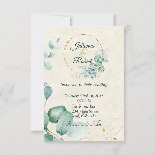 ユーカリと金ゴールドバジェット結婚ズ 招待状 (正面)