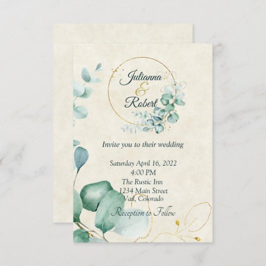 ユーカリと金ゴールドバジェット結婚ズ 招待状 (正面/裏面)