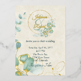 ユーカリと金ゴールドバジェット結婚ズ 箔招待状