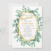 ユーカリと金ゴールドフレームグリーンフローラバプテスマ 招待状 (正面)