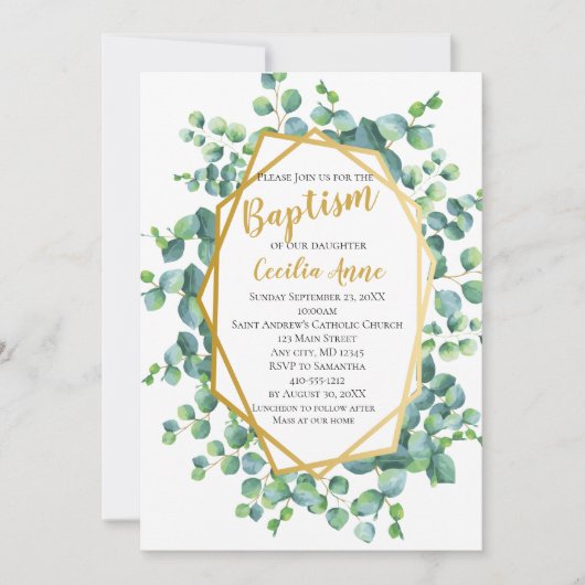 ユーカリと金ゴールドフレームグリーンフローラバプテスマ 招待状 (正面)