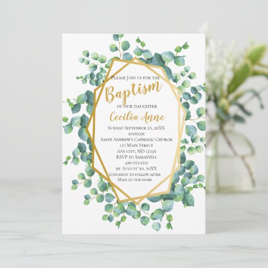 ユーカリと金ゴールドフレームグリーンフローラバプテスマ 招待状 (スタンド正面)