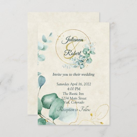 ユーカリと金ゴールド予算結婚式招待状 招待状 (正面/裏面)