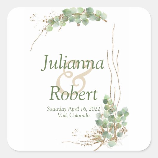 ユーカリと金ゴールド結婚のクラシックラウンドステッカー スクエアシール (正面)
