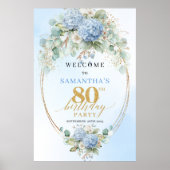 ユーカリと青いアジサイの80歳の誕生日ウェルカム ポスター (正面)