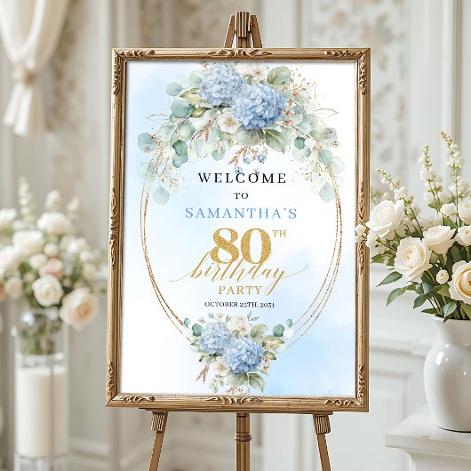 ユーカリと青いアジサイの80歳の誕生日ウェルカム ポスター