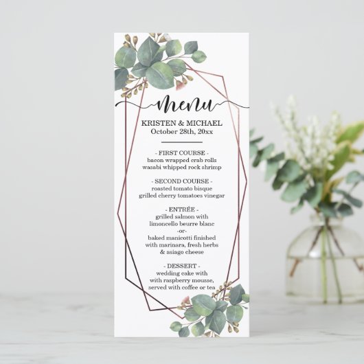 ユーカリのばら色の金ゴールド幾何学的なフレームの結婚式メニュー メニュー (スタンド正面)