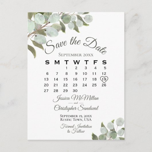 ユーカリのカレンダー白い結婚式の日付を保存 案内ポストカード (正面)