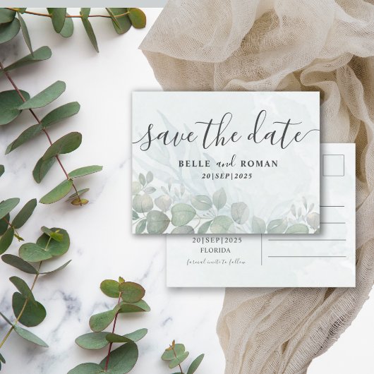 ユーカリのグリーセージRusticなSave the Date ポストカード
