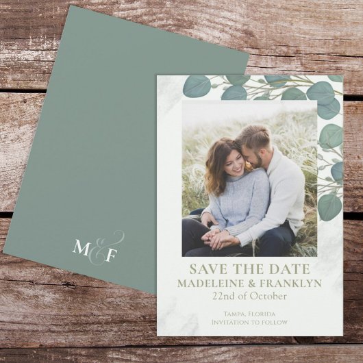 ユーカリのグリーンがエレガントな水彩の葉の招待状 招待状