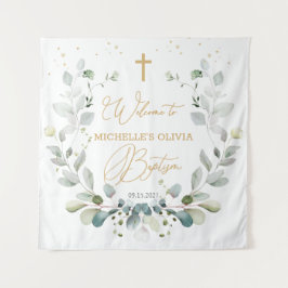 ユーカリのグリーンがクロスするベビー洗礼タペストリー タペストリー