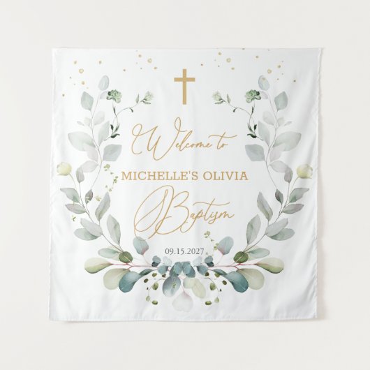 ユーカリのグリーンがクロスするベビー洗礼タペストリー タペストリー (正面)