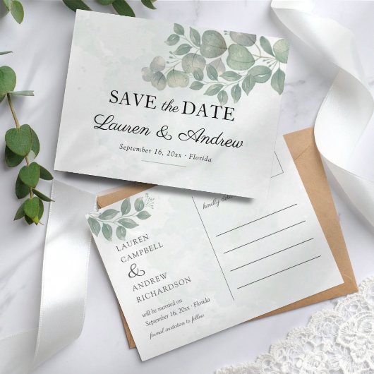 ユーカリのグリーンがシンプルな結婚式の事前お知らせ ポストカード