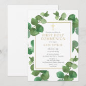 ユーカリのグリーンが彩るファースト・ホーリー・コミュニオン 招待状 (正面/裏面)