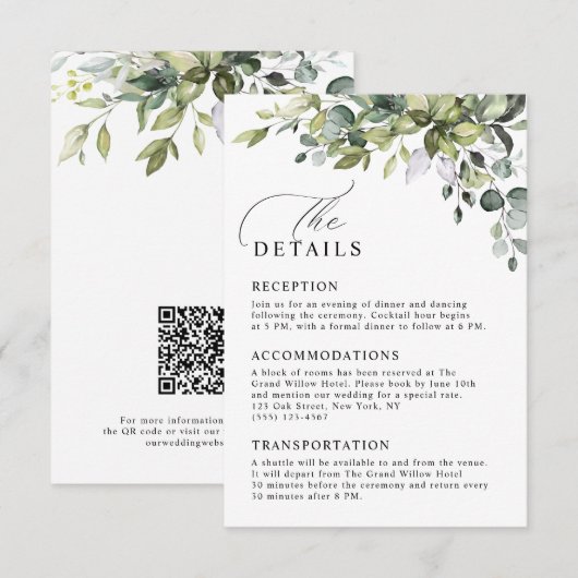 ユーカリのグリーンが美しいQRコード付き結婚式詳細カード エンクロージャーカード (正面/裏面)