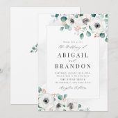 ユーカリのグリーンとアネモネの花をフィーチャーした、ラスティックなウェディングフラワー 招待状 (正面/裏面)