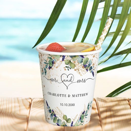 ユーカリのグリーンとハートがモチーフの結婚式　Mr. & Mrs. 紙コップ