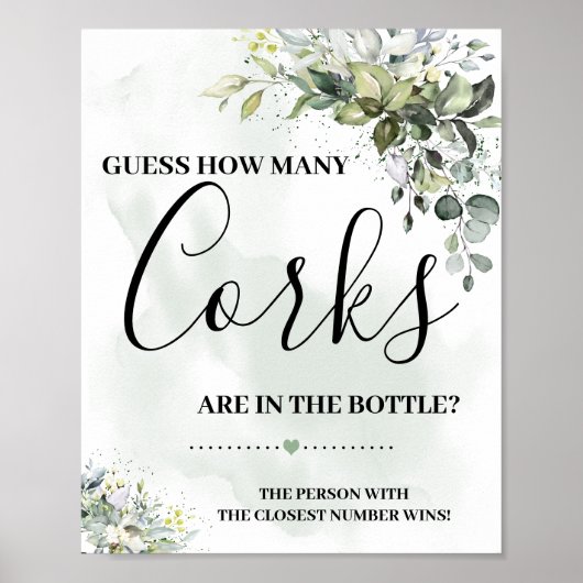 ユーカリのグリーンと多肉植物のワイン栓がいくつあるか看板 ポスター (正面)