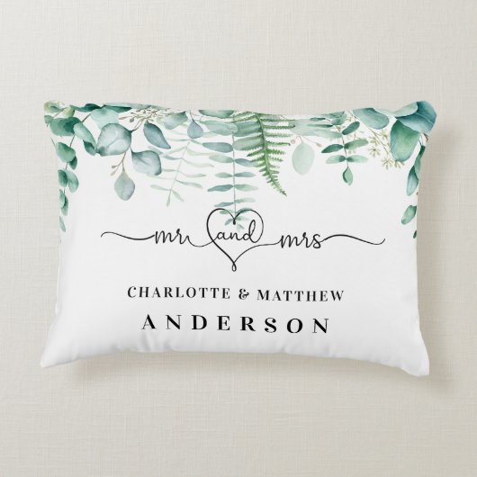 ユーカリのグリーンと森のフェンス、Mr.とMrs.の名前 アクセントクッション (裏面)