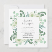 ユーカリのグリーンと水彩の花のウェディング 招待状 (正面)