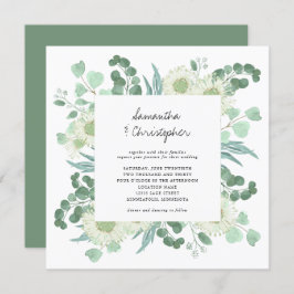 ユーカリのグリーンと水彩の花のウェディング 招待状