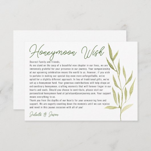 ユーカリのグリーンの葉のグリーンアリー ハニームーン ウィッシュ エンクロージャーカード (正面/裏面)