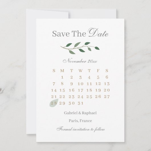 ユーカリのグリーンカレンダー Save The Date 結婚式 招待状 (正面)