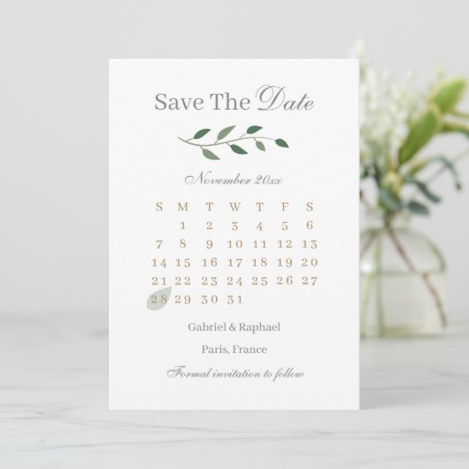 ユーカリのグリーンカレンダー Save The Date 結婚式 招待状 (スタンド正面)