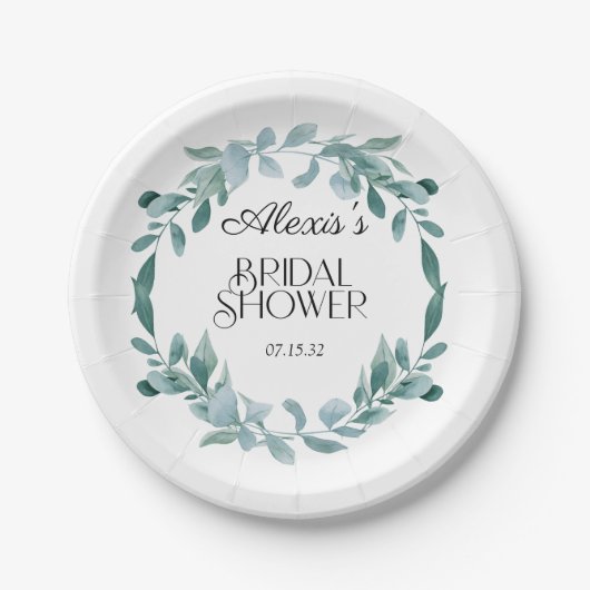 ユーカリのグリーンリース フレーム 緑 青 ブライダルシャワー ペーパープレート (正面)