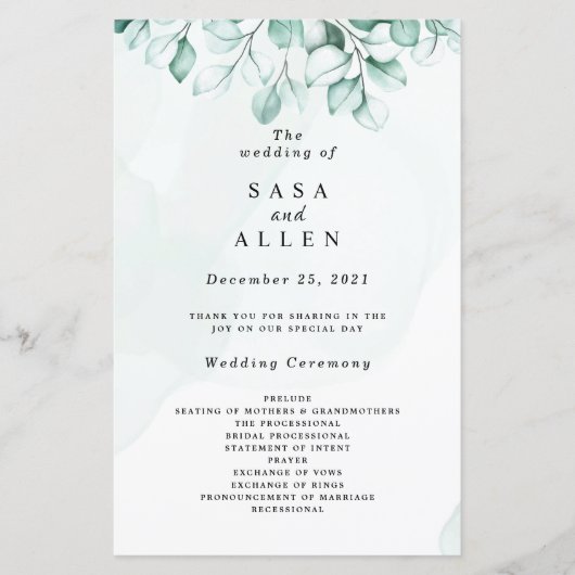 ユーカリのグリーン結婚式プログラム (正面)