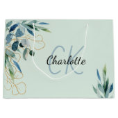 ユーカリのグリーン装飾モノグラムイニシャル ラージペーパーバッグ (正面)