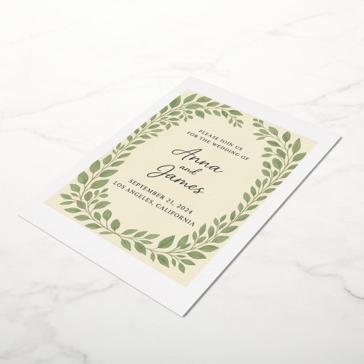 ユーカリのグリーン ウェディング招待状 - ラスティックボタニカル 箔招待状 (回転した状態)