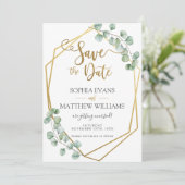 ユーカリのグリーン ジオメトリックゴールド Save the Date 招待状 (スタンド正面)