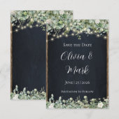 ユーカリのグリーン セーブ・ザ・デート | ラスティック ウッド エンクロージャーカード (正面/裏面)