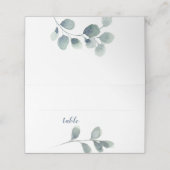 ユーカリのグリーン 水彩の葉 ダスティーブルー プレイスカード (外部開封)