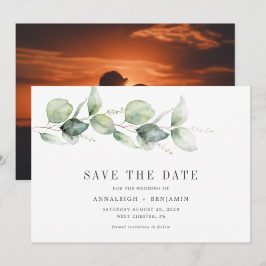 ユーカリのグリーン Photo Script Save the Date セーブザデート (正面/裏面)