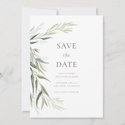 ユーカリのゴムの葉のグリーン Save the Date 招待状 (正面)