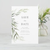 ユーカリのゴムの葉のグリーン Save the Date 招待状 (スタンド正面)