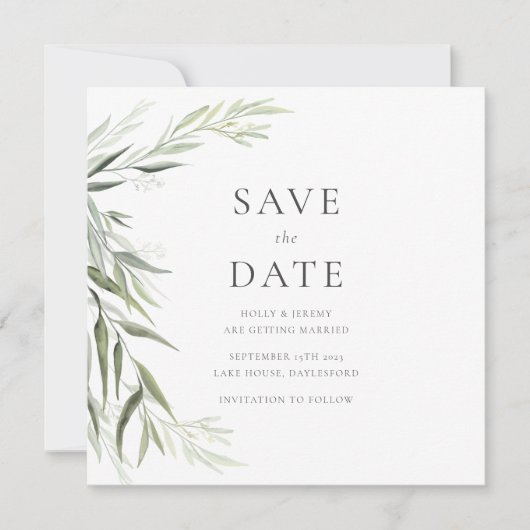 ユーカリのゴムの葉のグリーン Save the Date 招待状 (正面)
