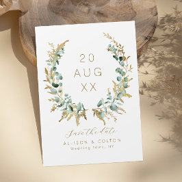 ユーカリのゴールドグリーンを使ったボヘミアン風のRusticな結婚式のSave the Date セーブザデート