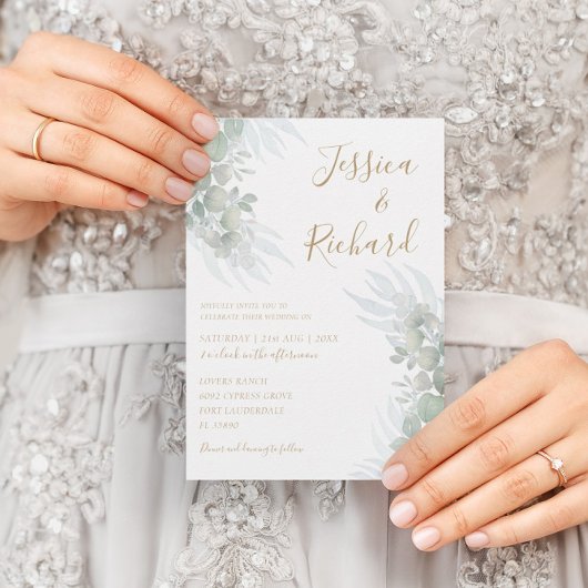 ユーカリのサージグリーンのラスティック水彩の結婚式 招待状