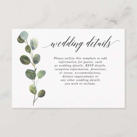 ユーカリのシンプルな白黒結婚式の詳細 エンクロージャーカード (正面)